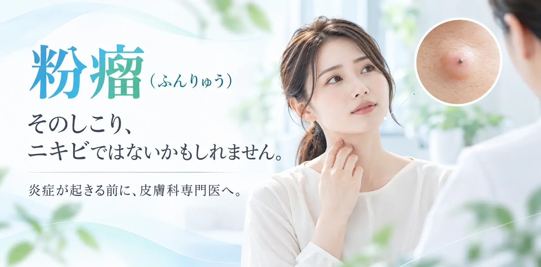 粉瘤（ふんりゅう）そのしこり、ニキビではないかもしれません。炎症が起きる前に、皮膚科専門医へ。
