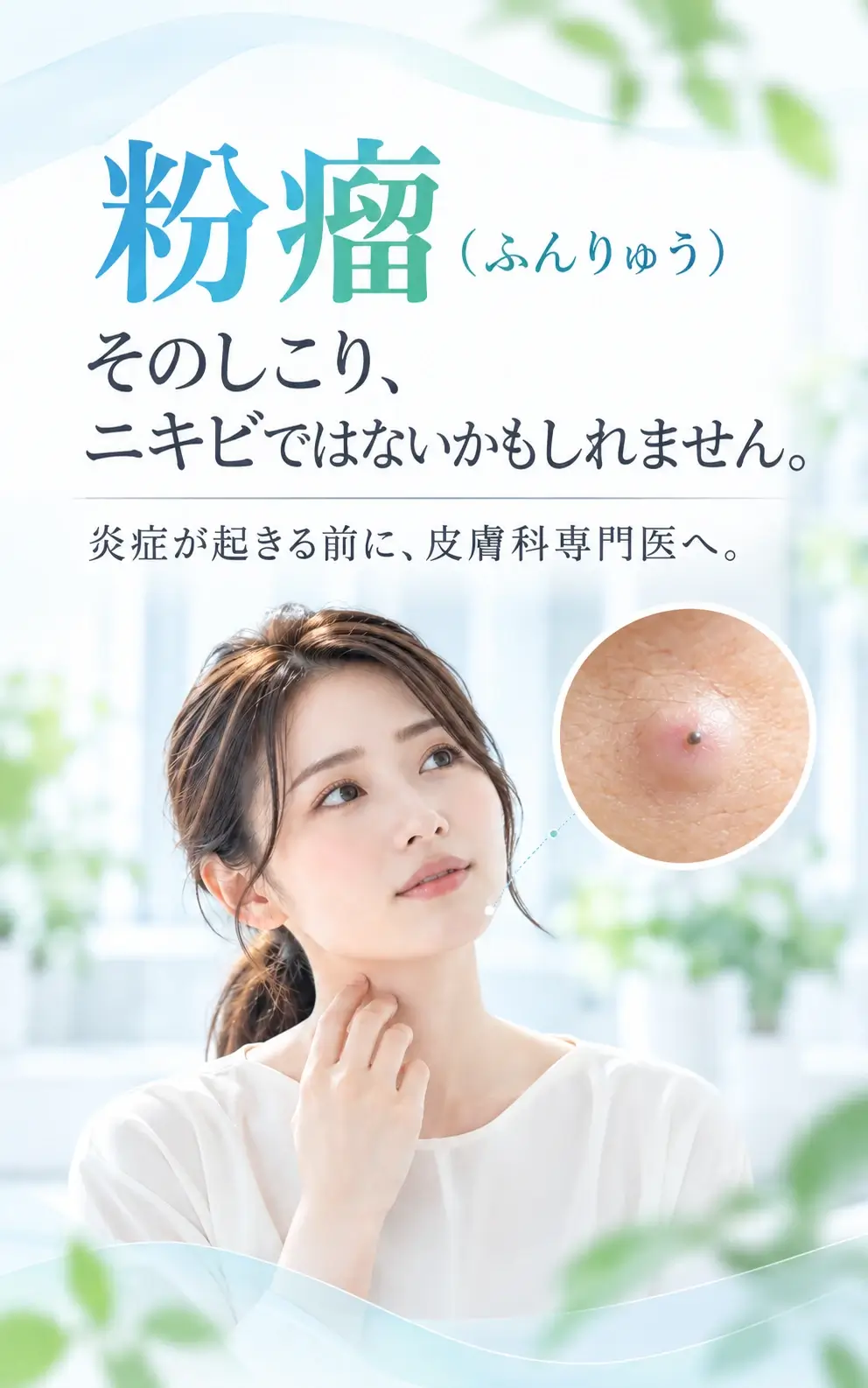 粉瘤（ふんりゅう）そのしこり、ニキビではないかもしれません。炎症が起きる前に、皮膚科専門医へ。